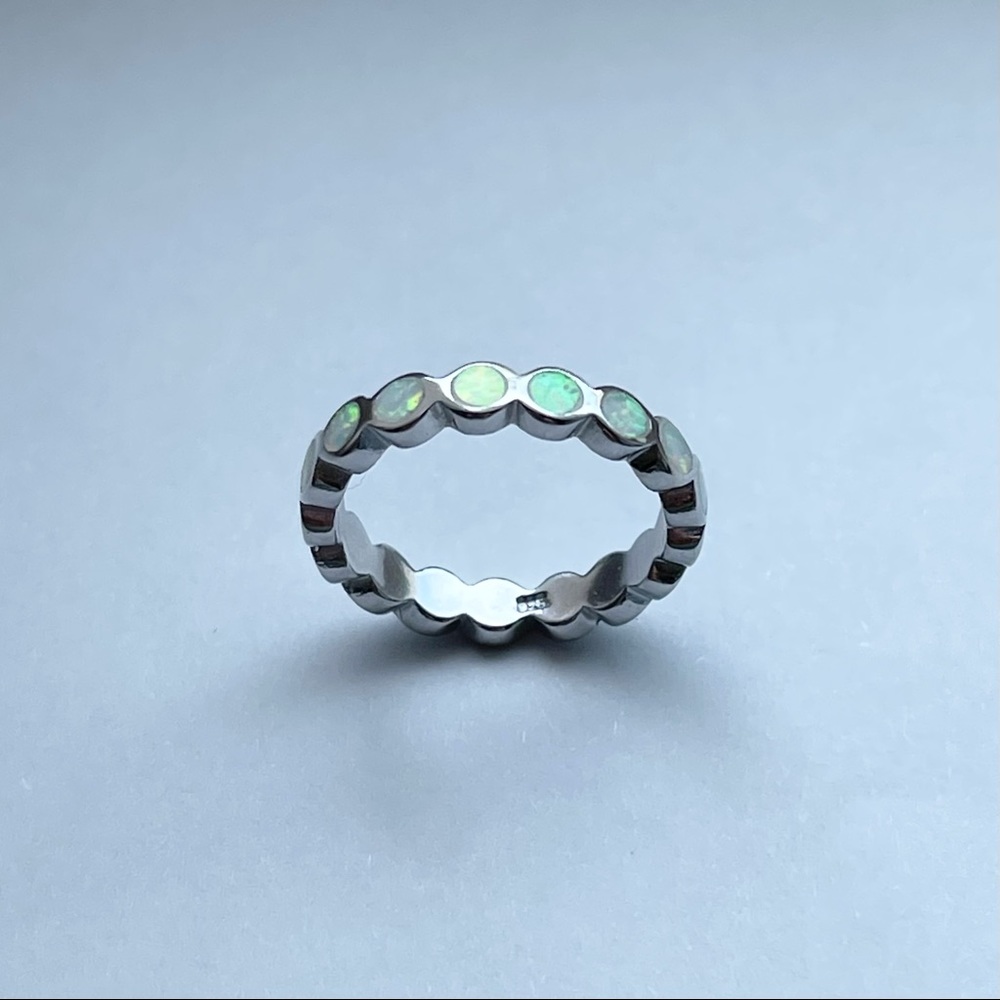 💕TOP SELLER💕 Silver Eternity White Lab Opal Band, Silver Ring, Wedding Bands - Picture 10 of 12